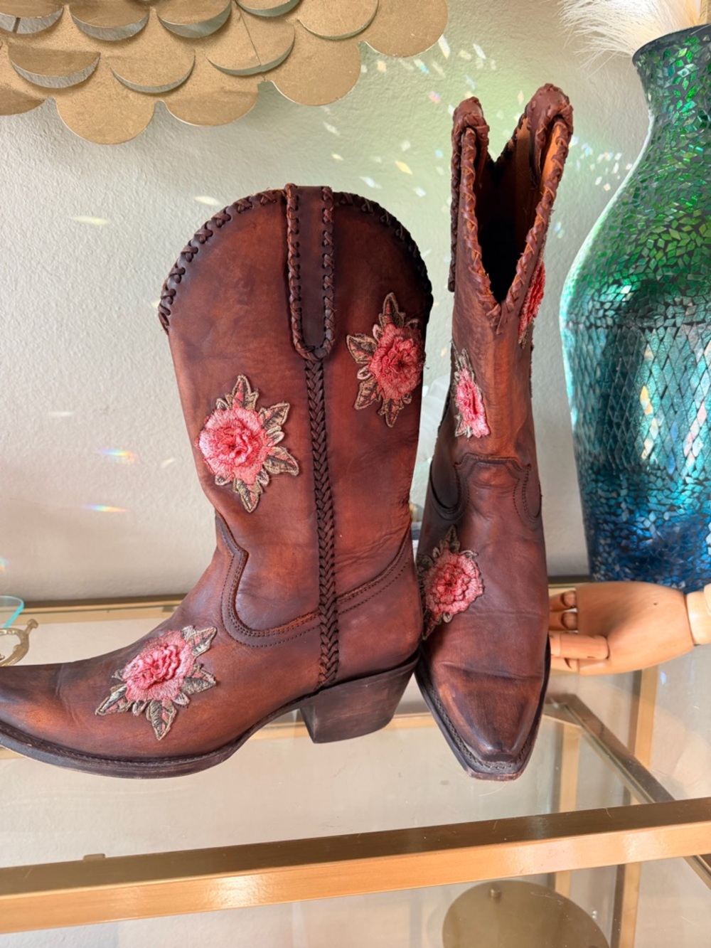 Shyanne Women's Brown Leather Lace-Up Western Boots with Pink Floral Embroidery - Picture 4 of 9